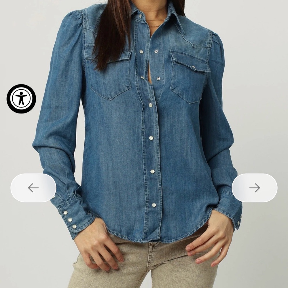 DEAR JOHN DENIM puff shoulder top in blue in Medium. EUC.